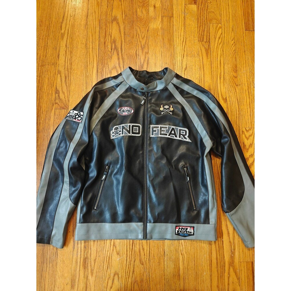 Vintage Y2K No Fear Motorcycle PVC Jacket Racing Size Large Motorcross